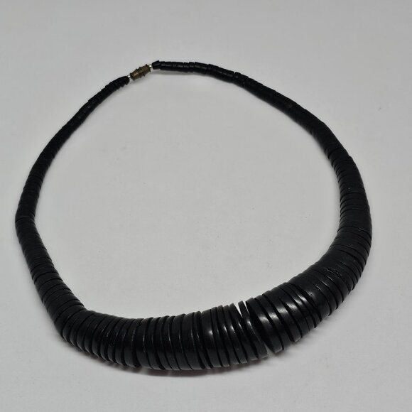 Chunky Graduated Black Wood Disc Beaded Statement Bohemian Necklace 19" - Picture 8 of 12